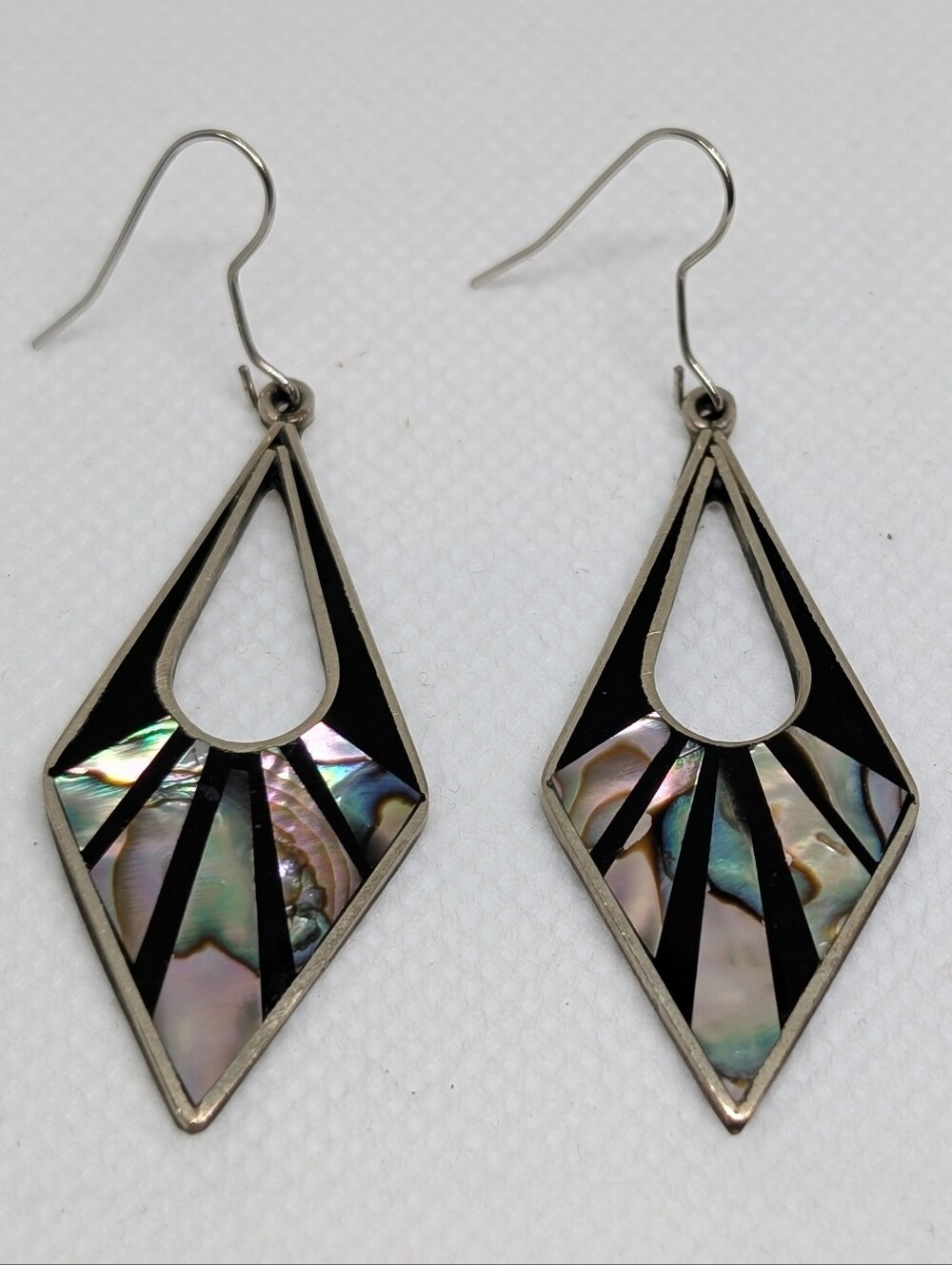 Vintage Alpaca Mexico Abalone Sun Ray Inlay Black Drop Cutout Diamond Earrings